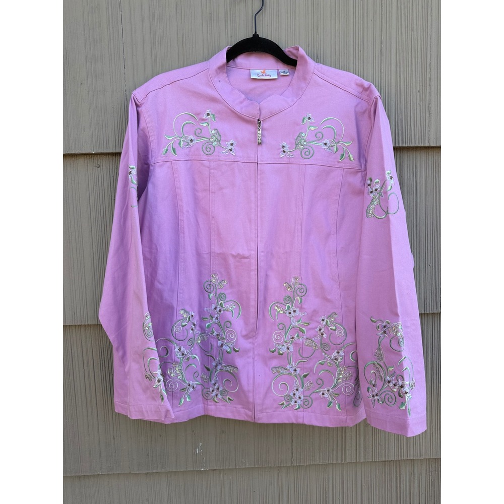Quacker Factory Orchid Pink Floral Embroidered Sequin Zip Front Jacket 1X